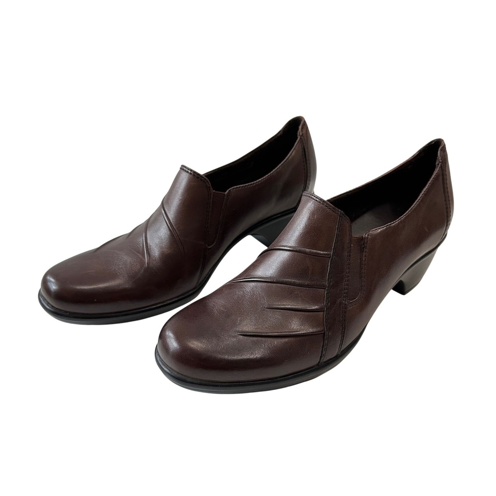 Clarks Brown Leather Slip On Heeled Loafers Comfort‎ Dress Shoes Women's 9.5M